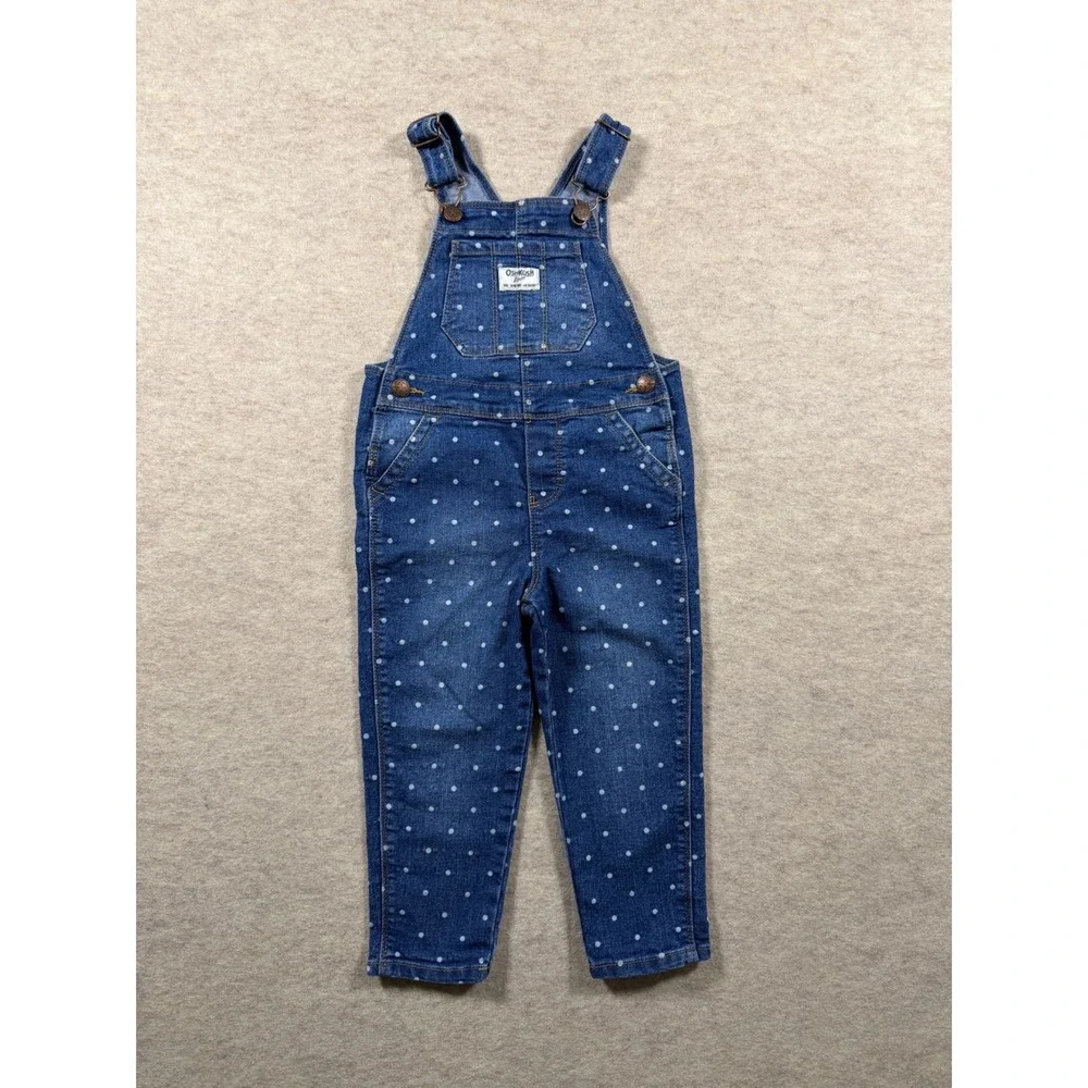 OshKosh Bgosh Girls Blue Denim Polka Dot Bib Overalls Size 3T 6K197710